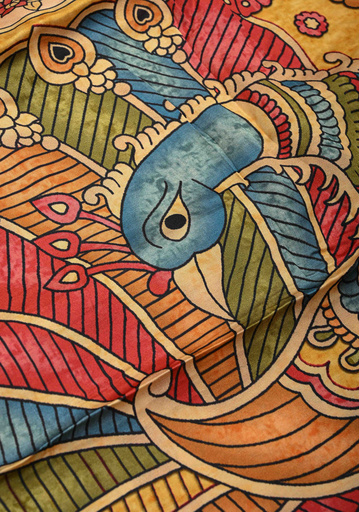 Peacock and Fish Theme: Peach Gajji Silk Saree with Kalamkari Digital Print and Gotta Patti Border