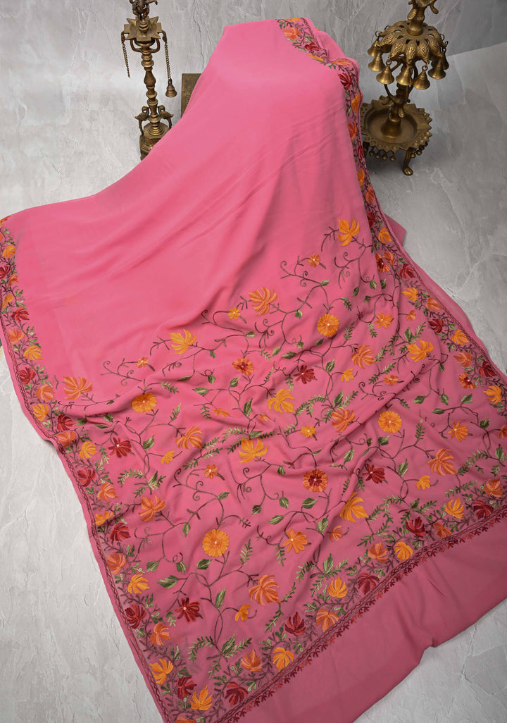 Pink Kashmiri Aari Georgette Saree with Floral Embroidery