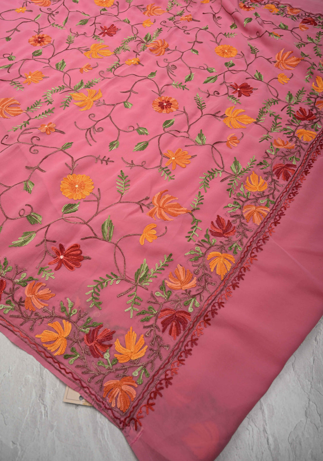 Pink Kashmiri Aari Georgette Saree with Floral Embroidery