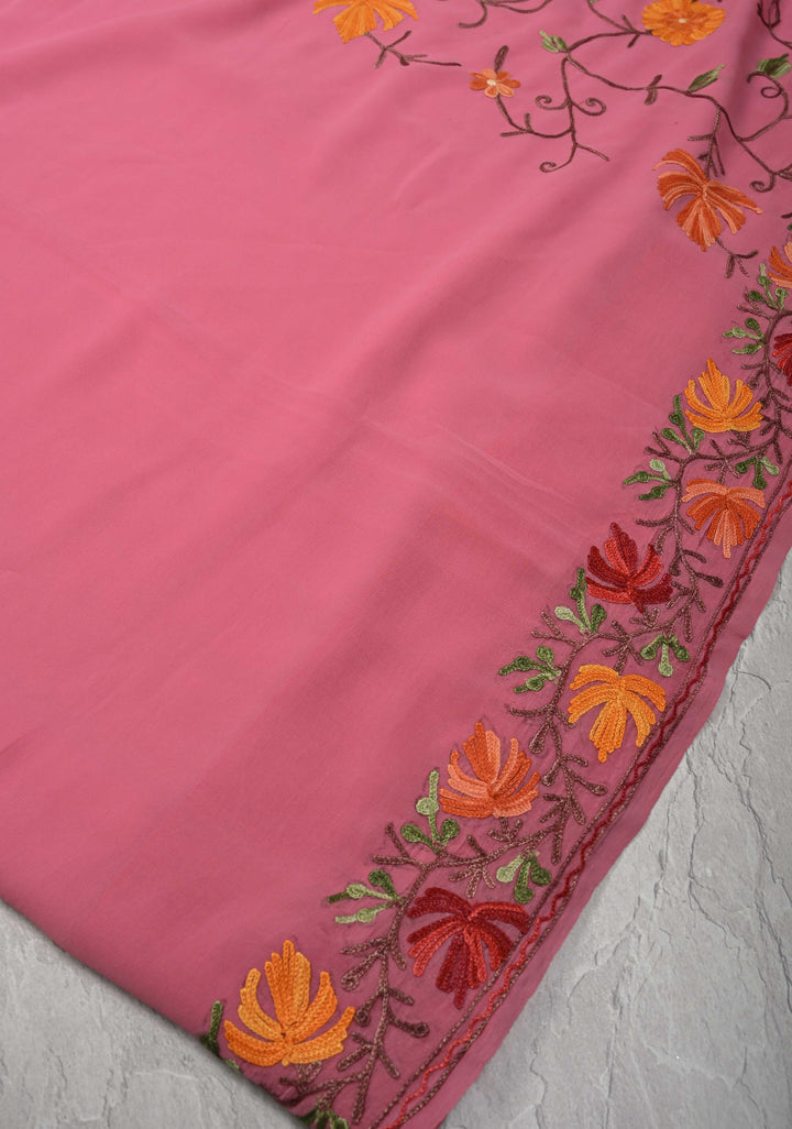 Pink Kashmiri Aari Georgette Saree with Floral Embroidery