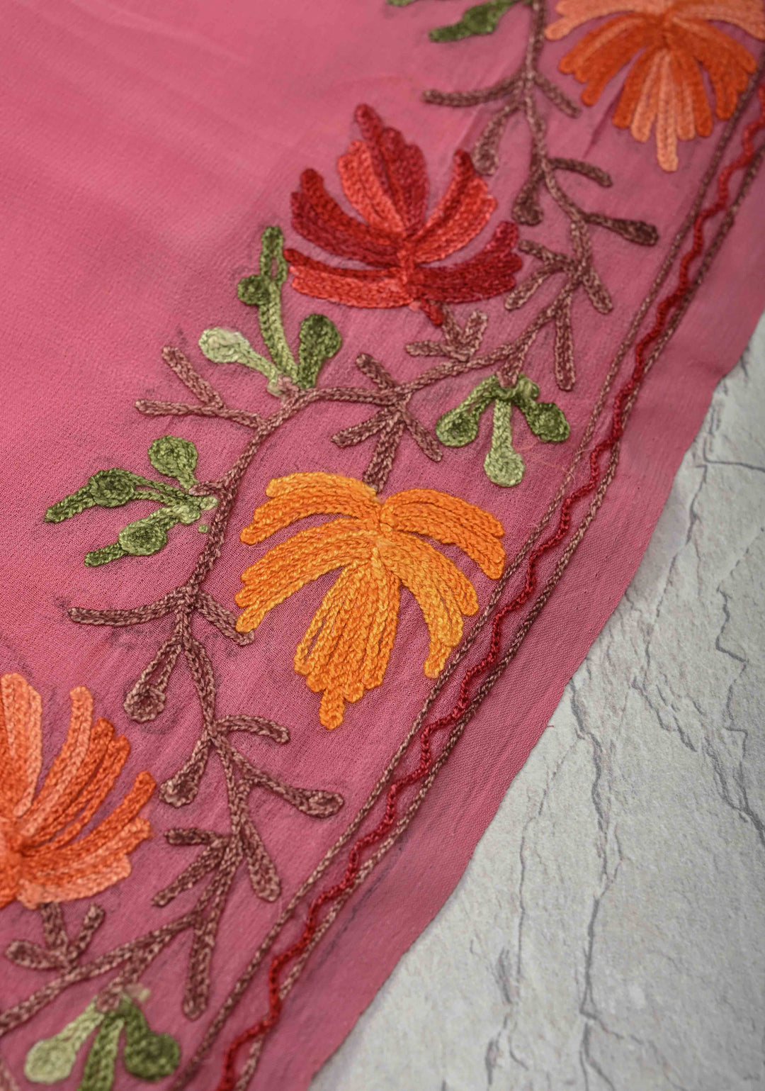 Pink Kashmiri Aari Georgette Saree with Floral Embroidery
