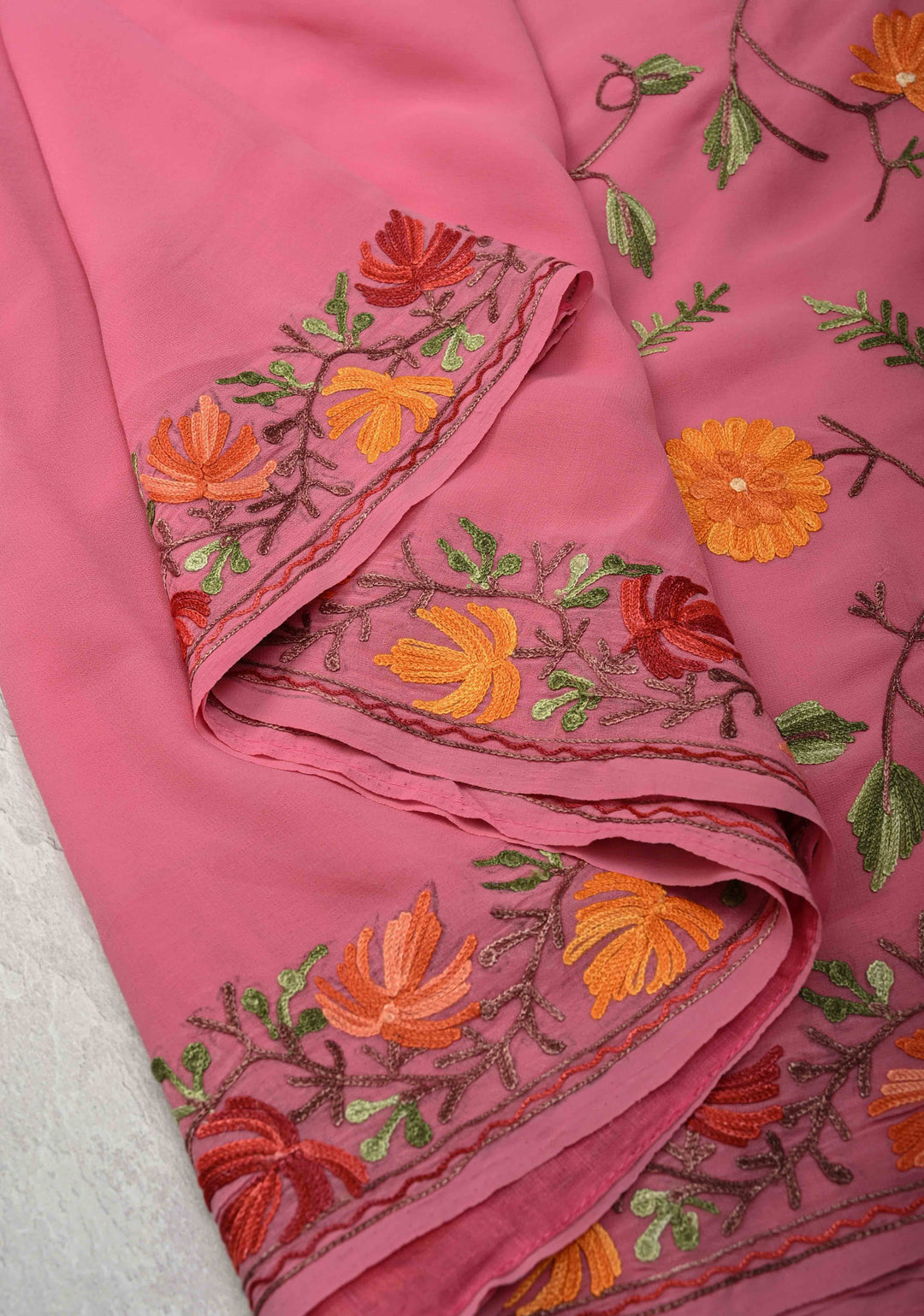 Pink Kashmiri Aari Georgette Saree with Floral Embroidery