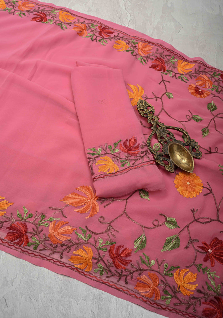 Pink Kashmiri Aari Georgette Saree with Floral Embroidery