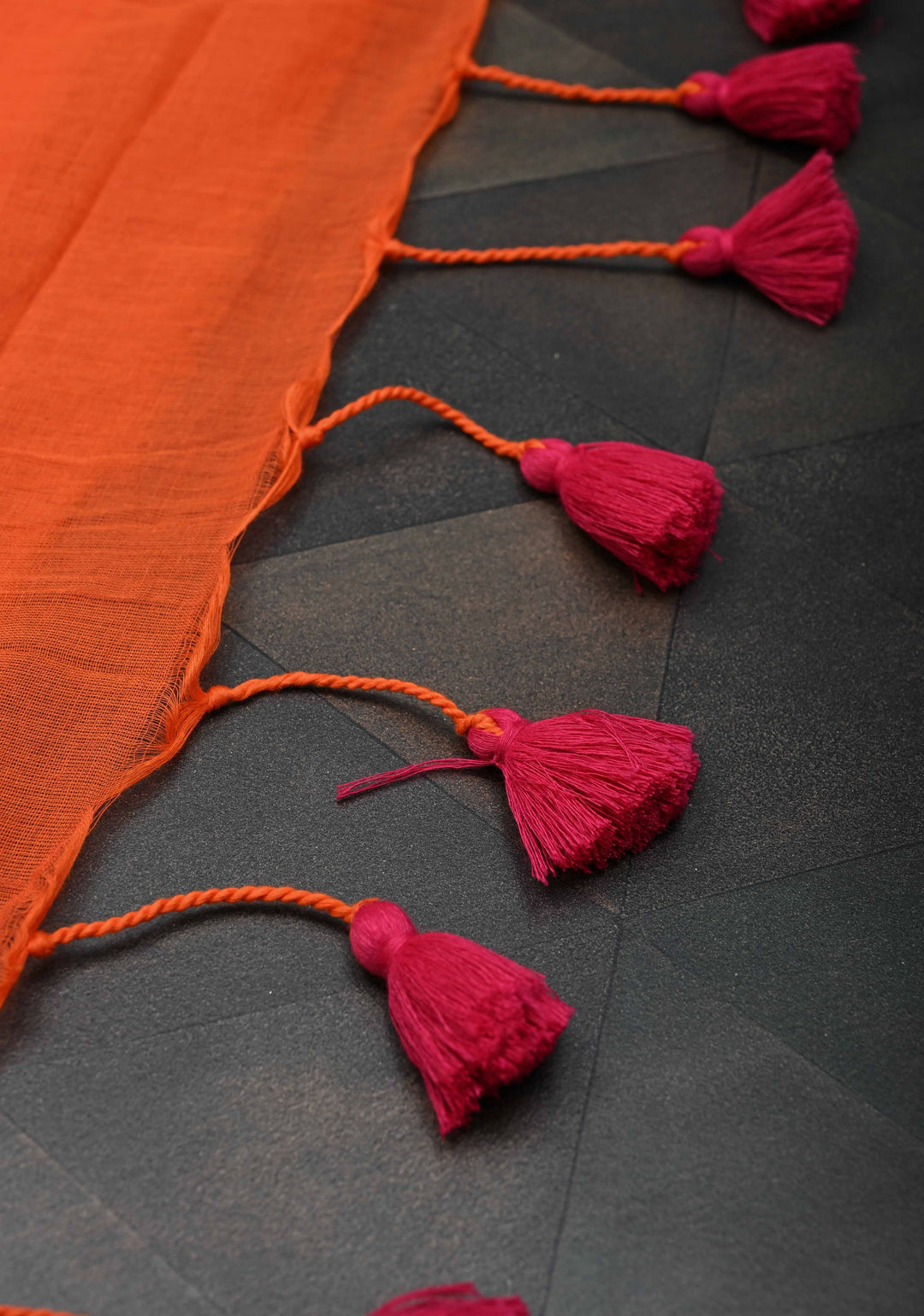 Fanta Orange Mulmul Cotton Saree with Long tassels