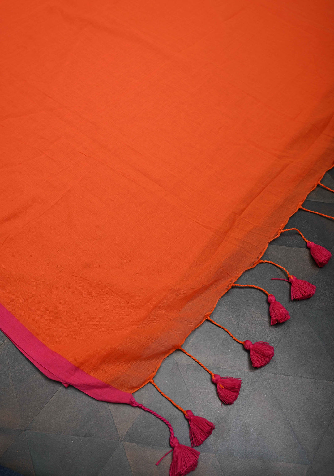 Fanta Orange Mulmul Cotton Saree with Long tassels