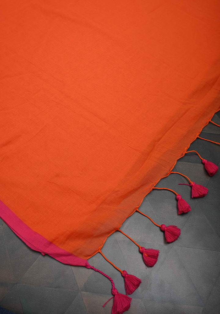 Fanta Orange Mulmul Cotton Saree with Long tassels