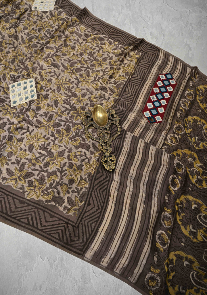 Smokey Taupe Modal Silk Saree with Vanaspathi Handblock Print and Ahir Mirror Patchwork, No Blouse Peice