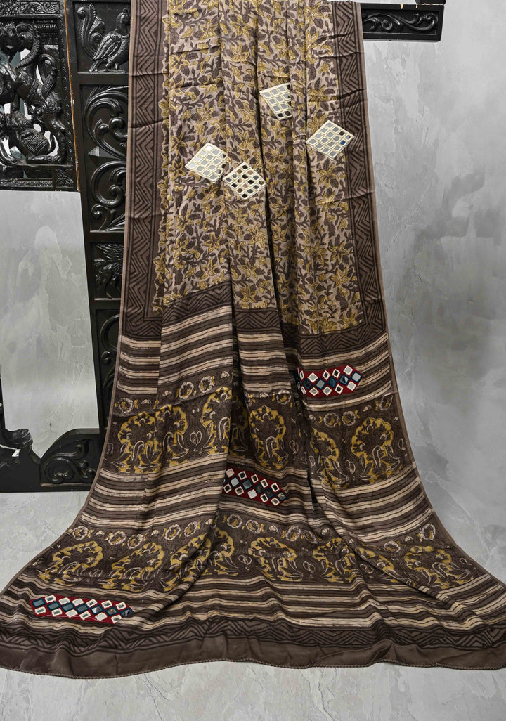 Smokey Taupe Modal Silk Saree with Vanaspathi Handblock Print and Ahir Mirror Patchwork, No Blouse Peice