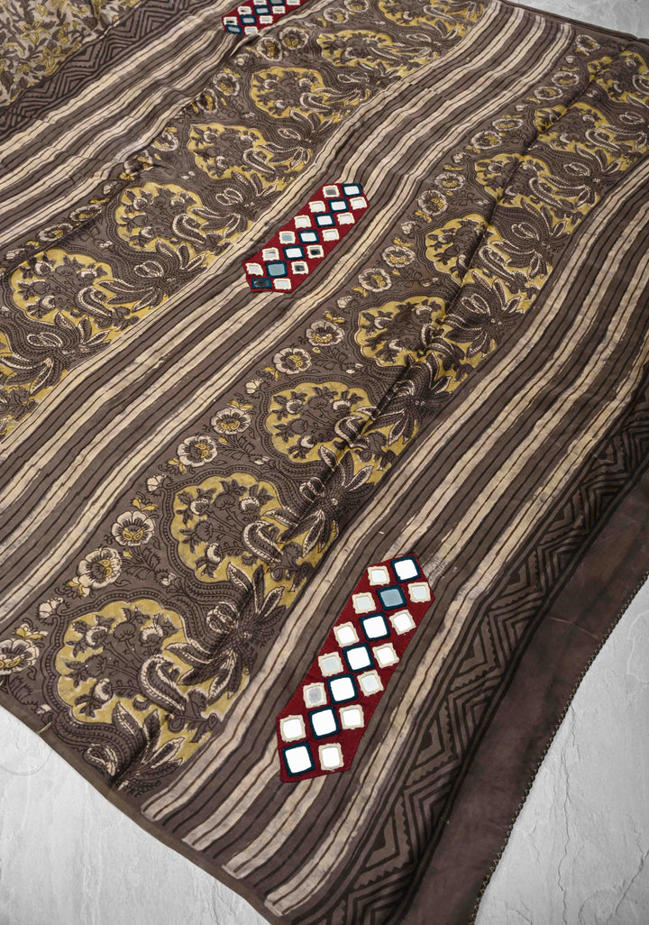 Smokey Taupe Modal Silk Saree with Vanaspathi Handblock Print and Ahir Mirror Patchwork, No Blouse Peice