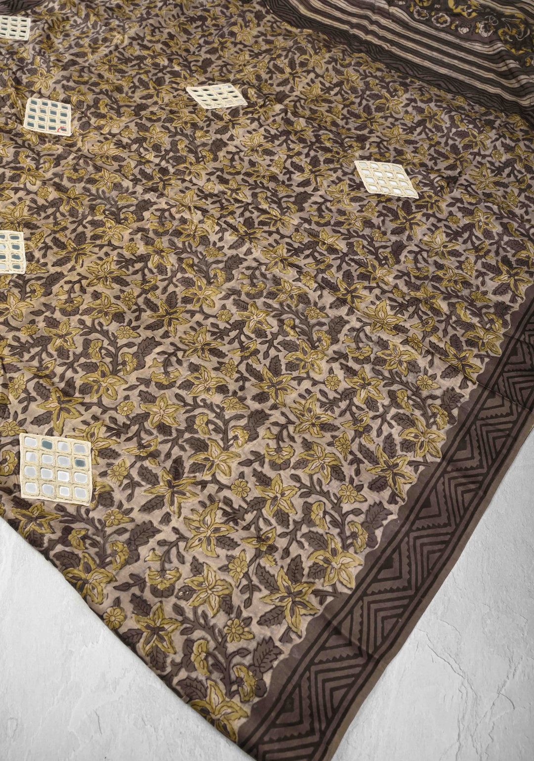 Smokey Taupe Modal Silk Saree with Vanaspathi Handblock Print and Ahir Mirror Patchwork, No Blouse Peice
