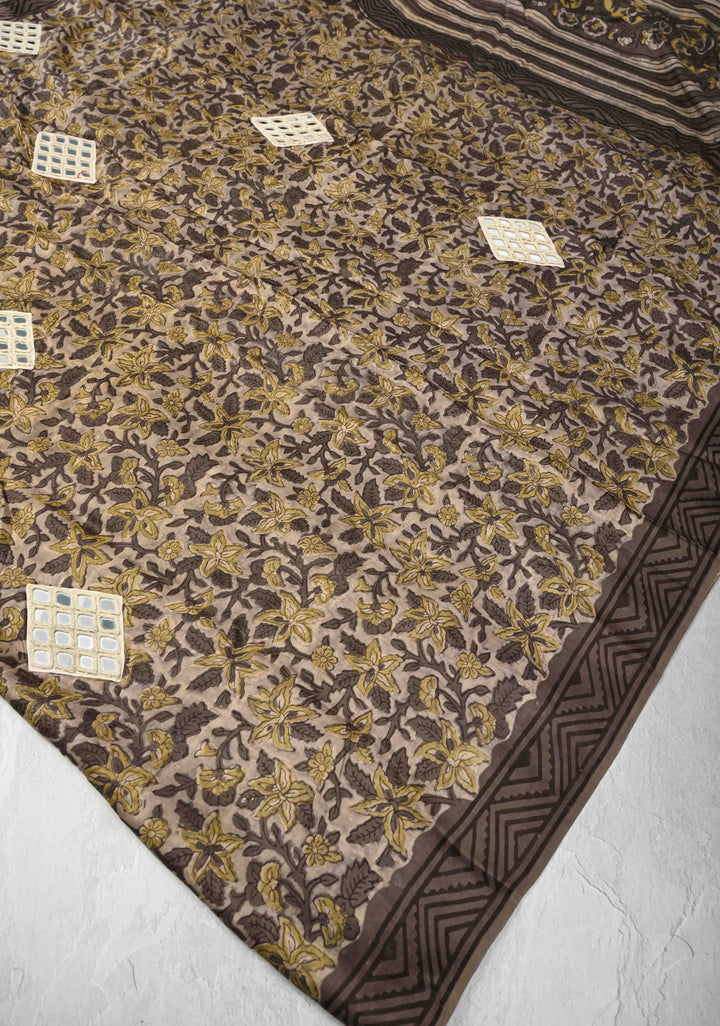 Smokey Taupe Modal Silk Saree with Vanaspathi Handblock Print and Ahir Mirror Patchwork, No Blouse Peice