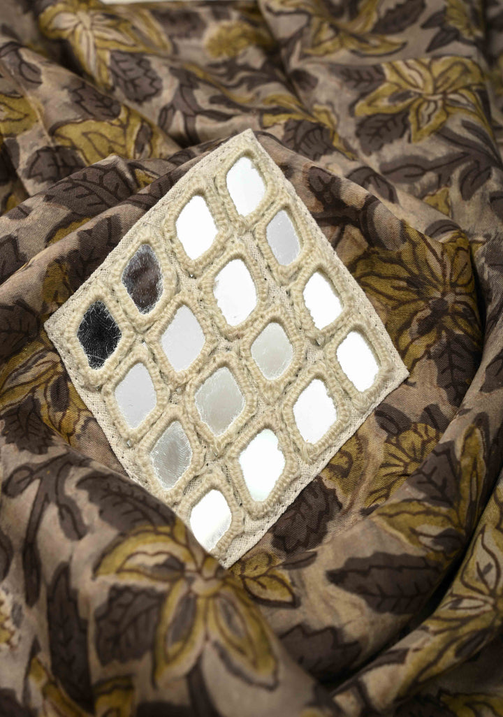 Smokey Taupe Modal Silk Saree with Vanaspathi Handblock Print and Ahir Mirror Patchwork, No Blouse Peice