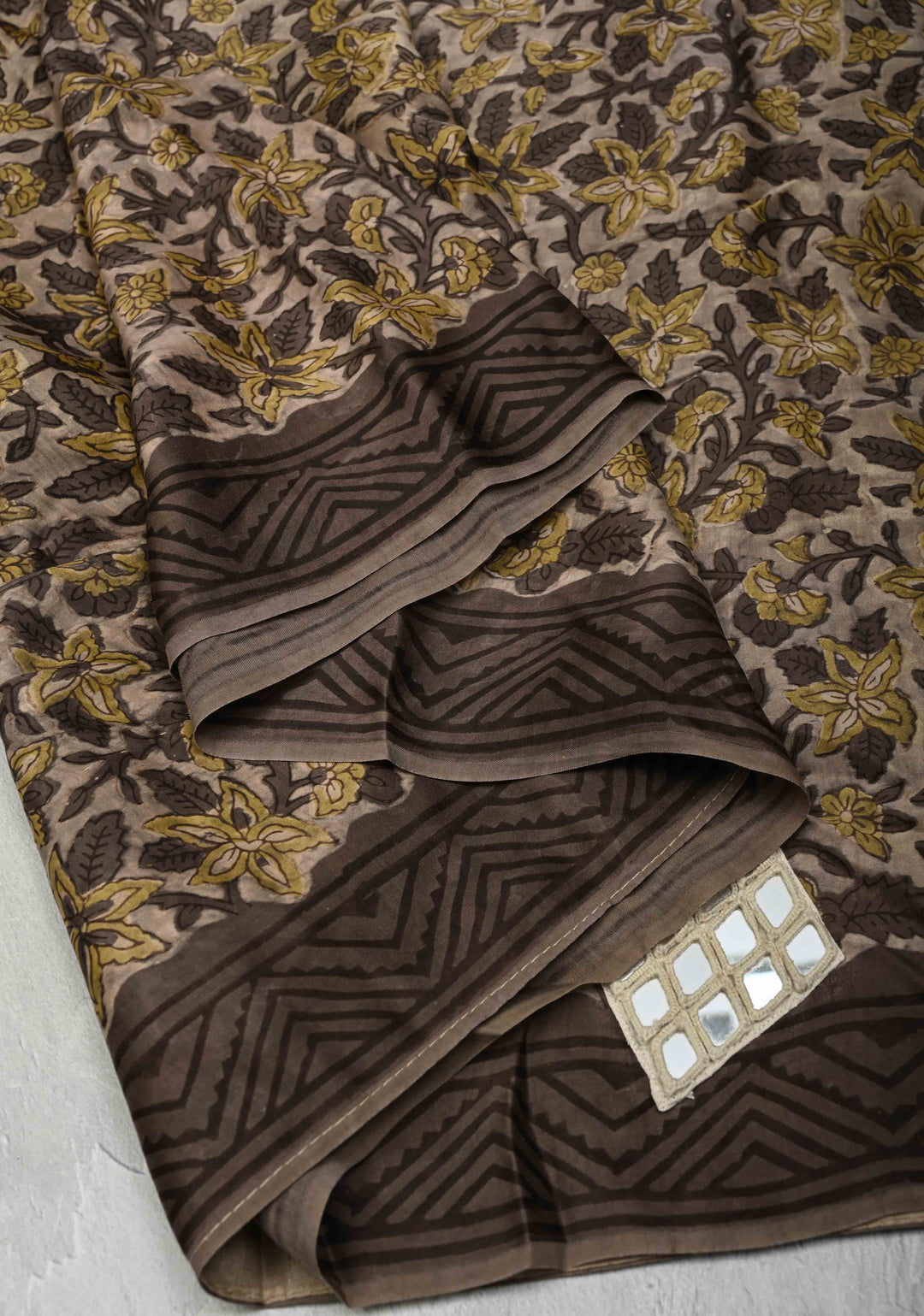 Smokey Taupe Modal Silk Saree with Vanaspathi Handblock Print and Ahir Mirror Patchwork, No Blouse Peice