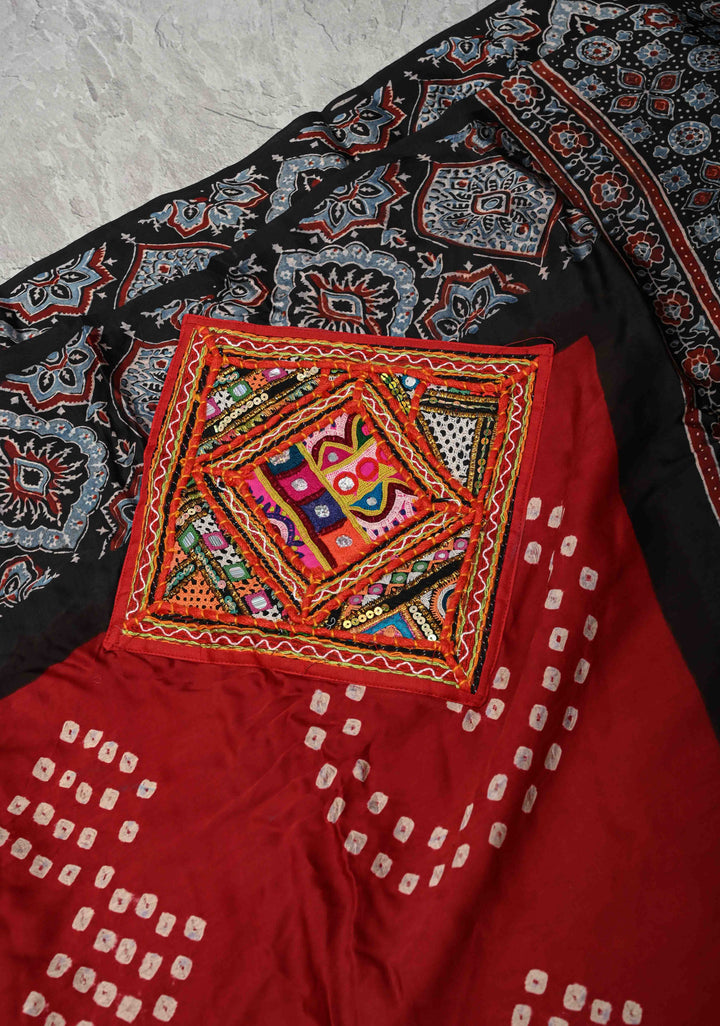 Maroon Modal Silk Saree in Bandhni Ajrakh Fusion with Kutch Work Embroidered