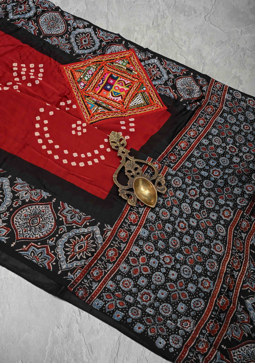 Maroon Modal Silk Saree in Bandhni Ajrakh Fusion with Kutch Work Embroidered
