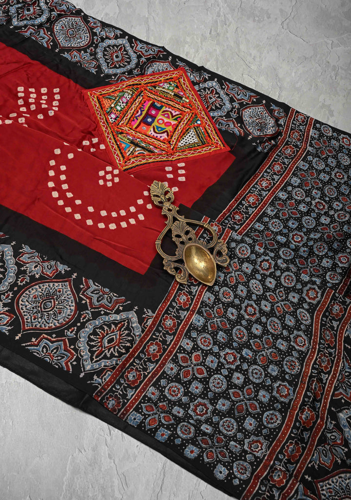 Maroon Modal Silk Saree in Bandhni Ajrakh Fusion with Kutch Work Embroidered