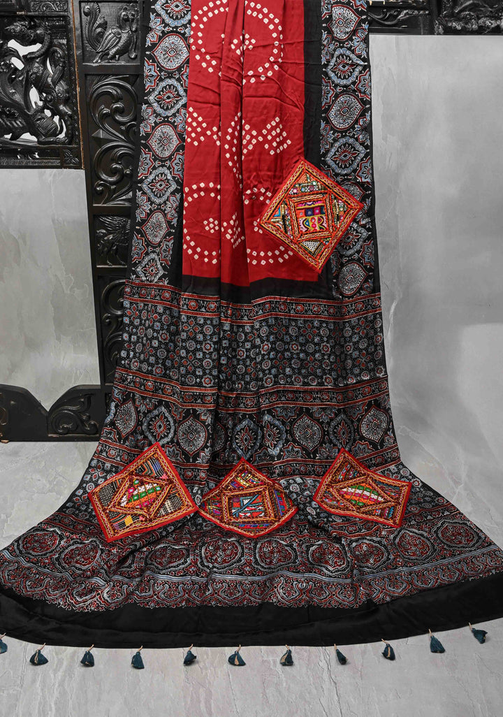Maroon Modal Silk Saree in Bandhni Ajrakh Fusion with Kutch Work Embroidered