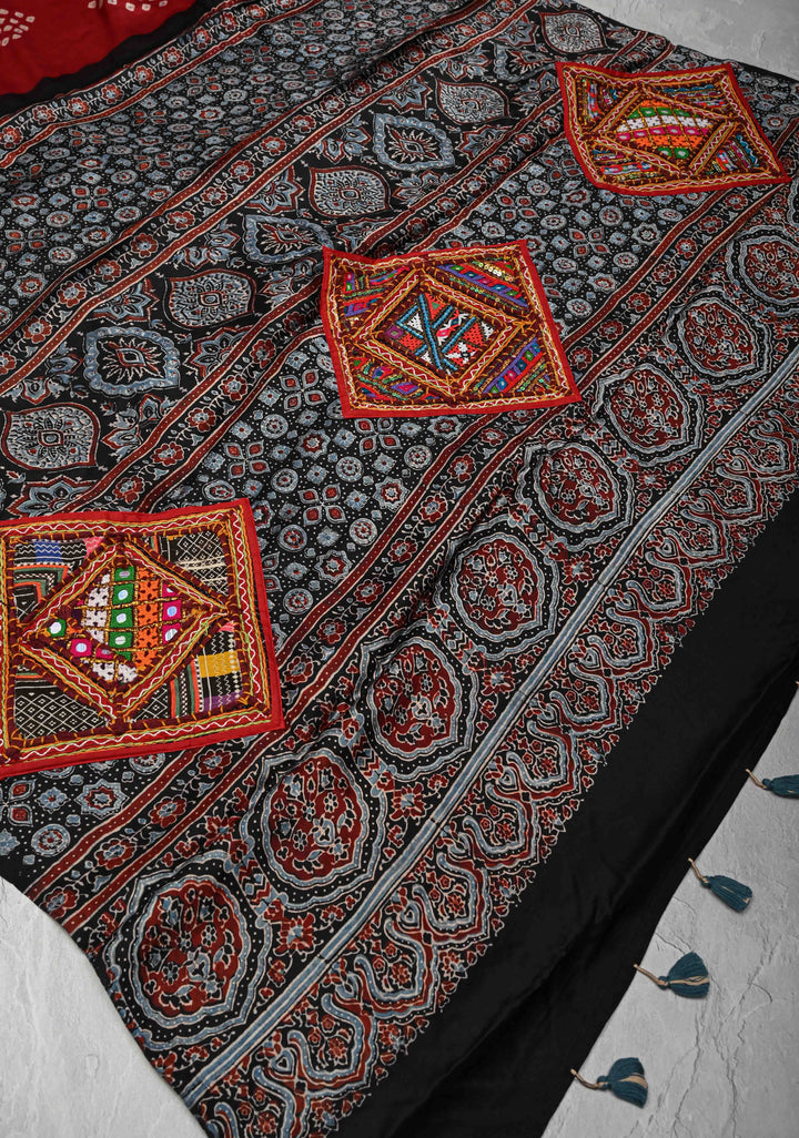 Maroon Modal Silk Saree in Bandhni Ajrakh Fusion with Kutch Work Embroidered