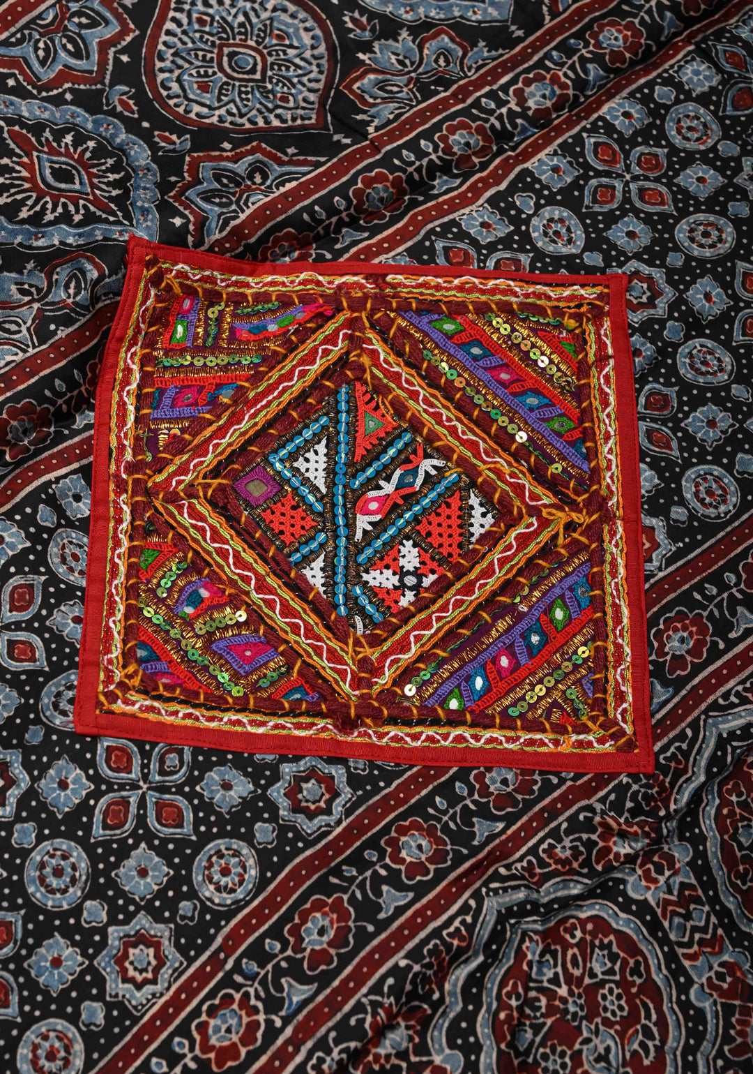 Maroon Modal Silk Saree in Bandhni Ajrakh Fusion with Kutch Work Embroidered