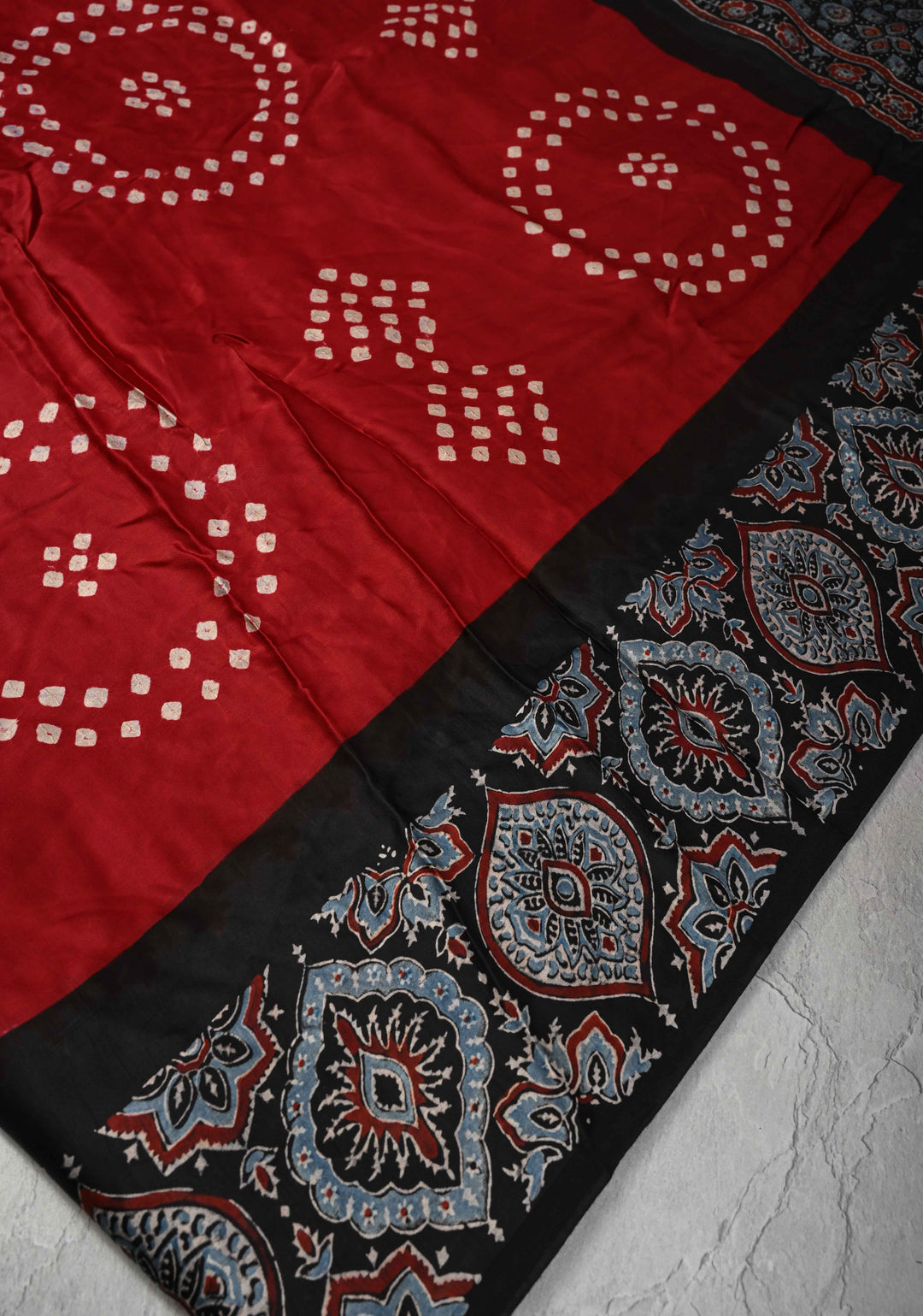 Maroon Modal Silk Saree in Bandhni Ajrakh Fusion with Kutch Work Embroidered