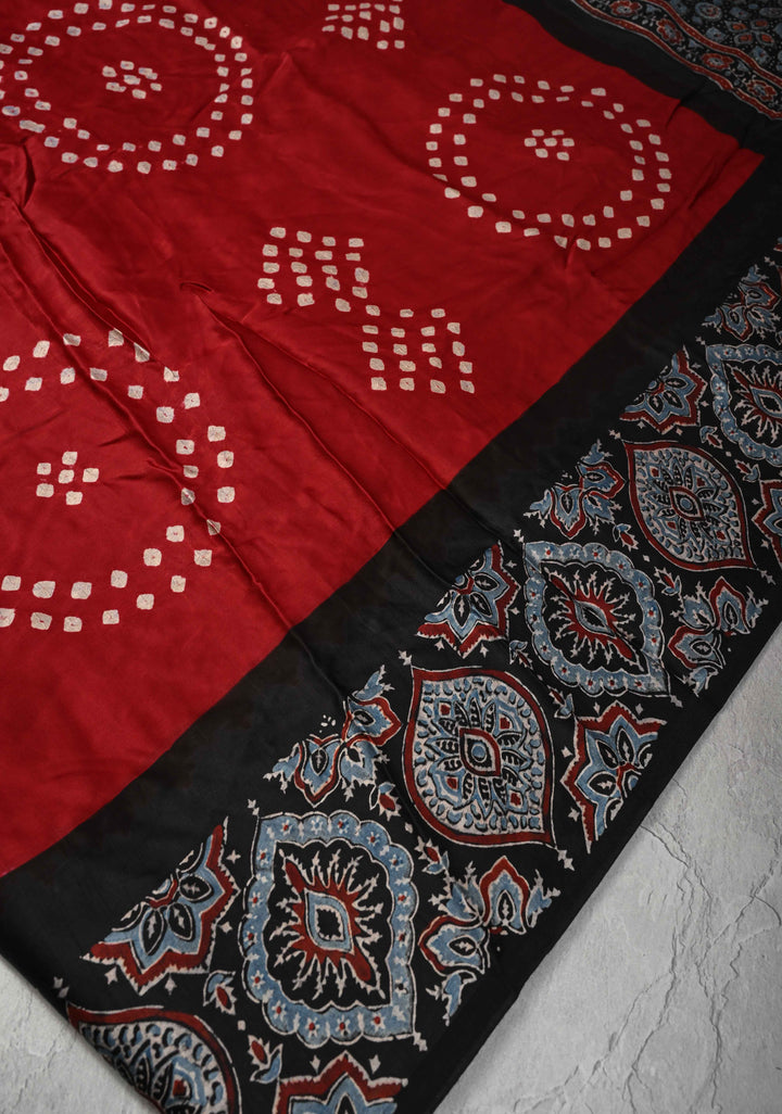 Maroon Modal Silk Saree in Bandhni Ajrakh Fusion with Kutch Work Embroidered