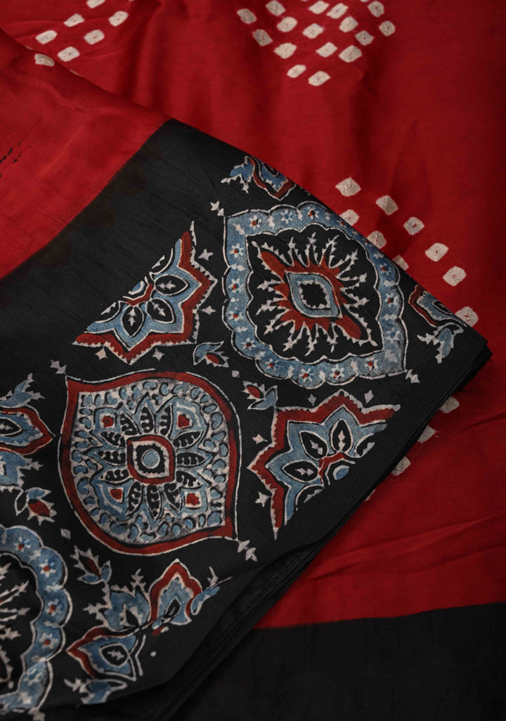 Maroon Modal Silk Saree in Bandhni Ajrakh Fusion with Kutch Work Embroidered