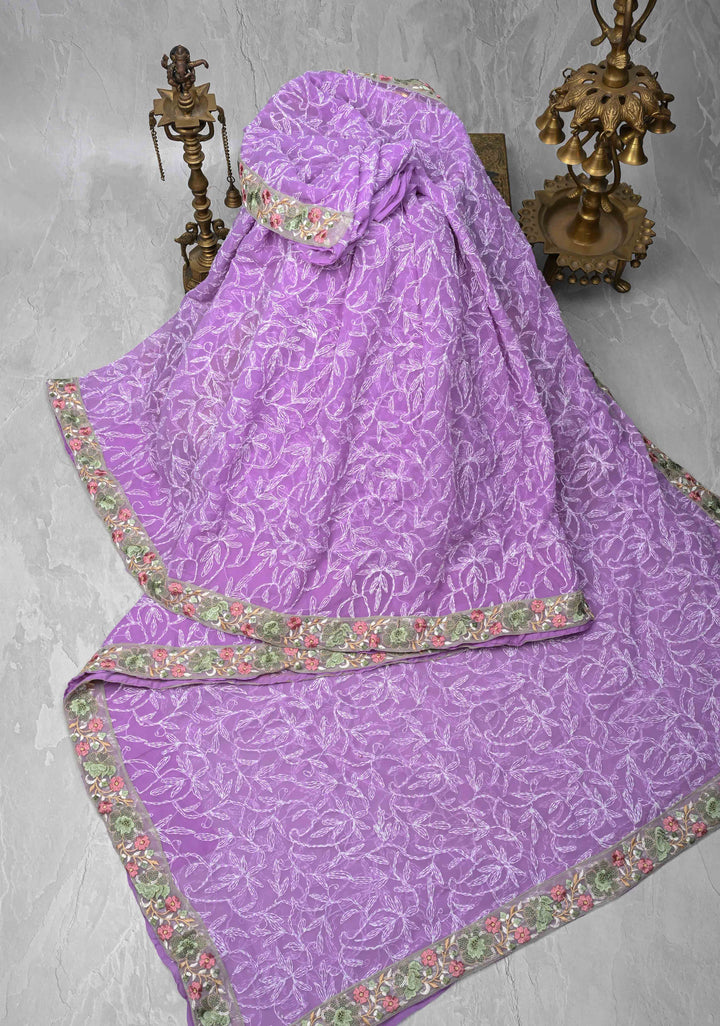 Authentic Lavender Hand-Embroidered Full Jaal Chikankari Georgette Saree with Resham Meenakari Border
