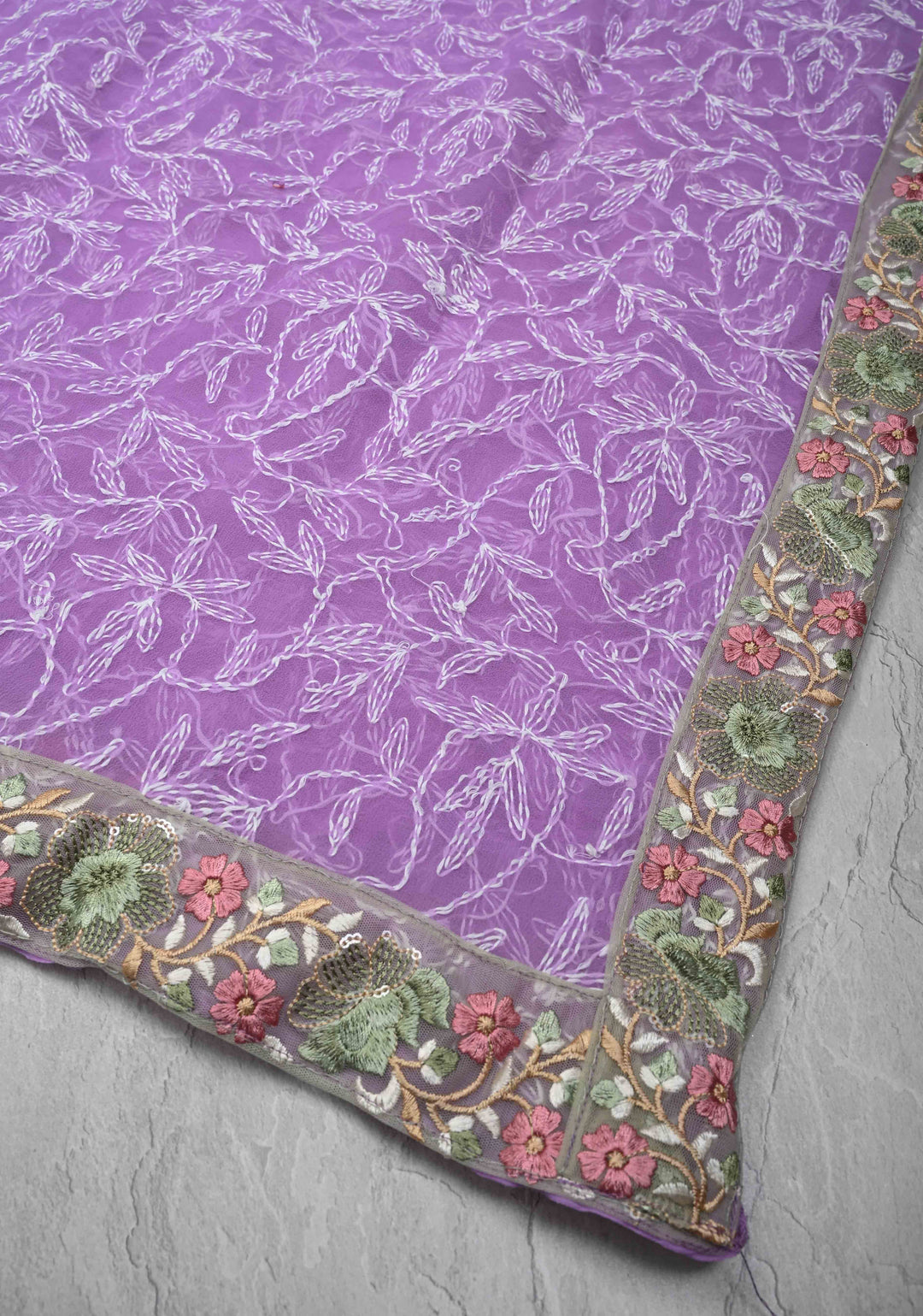 Authentic Lavender Hand-Embroidered Full Jaal Chikankari Georgette Saree with Resham Meenakari Border