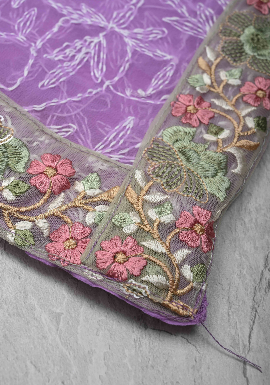 Authentic Lavender Hand-Embroidered Full Jaal Chikankari Georgette Saree with Resham Meenakari Border