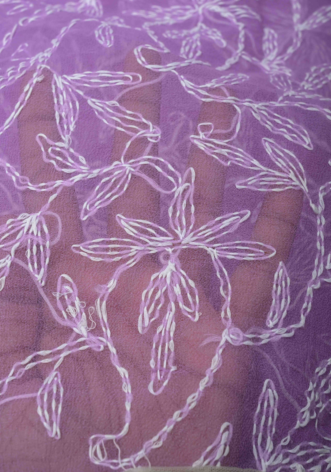 Authentic Lavender Hand-Embroidered Full Jaal Chikankari Georgette Saree with Resham Meenakari Border
