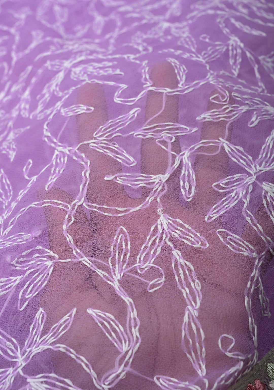 Authentic Lavender Hand-Embroidered Full Jaal Chikankari Georgette Saree with Resham Meenakari Border