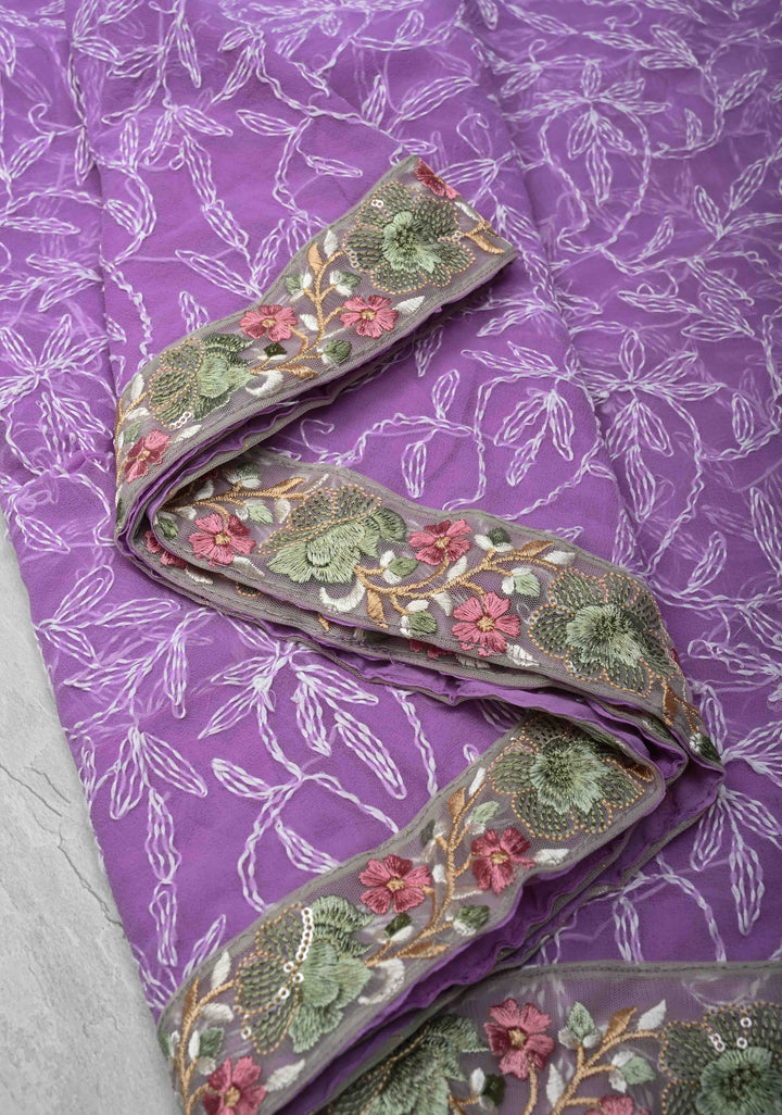 Authentic Lavender Hand-Embroidered Full Jaal Chikankari Georgette Saree with Resham Meenakari Border