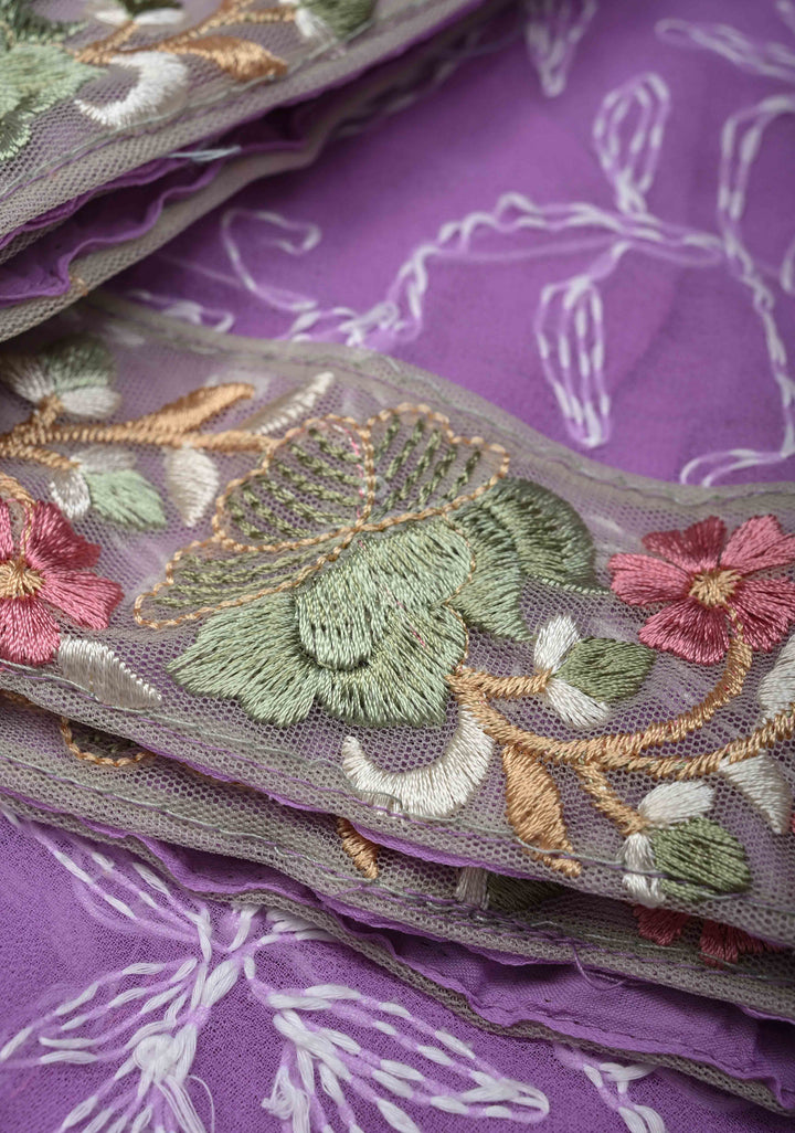 Authentic Lavender Hand-Embroidered Full Jaal Chikankari Georgette Saree with Resham Meenakari Border