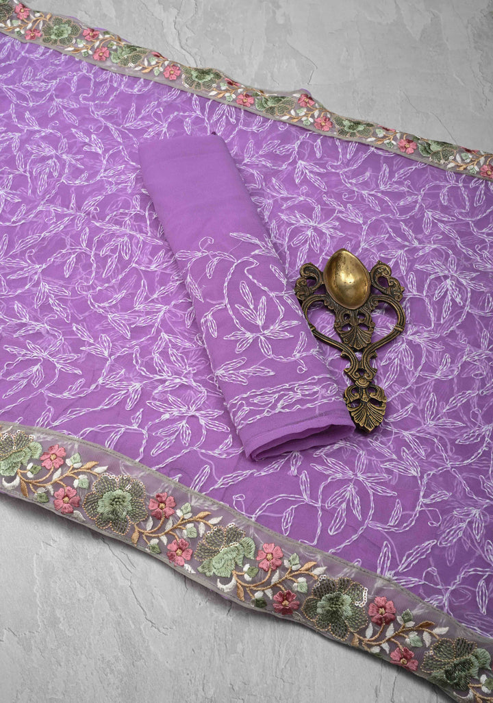 Authentic Lavender Hand-Embroidered Full Jaal Chikankari Georgette Saree with Resham Meenakari Border