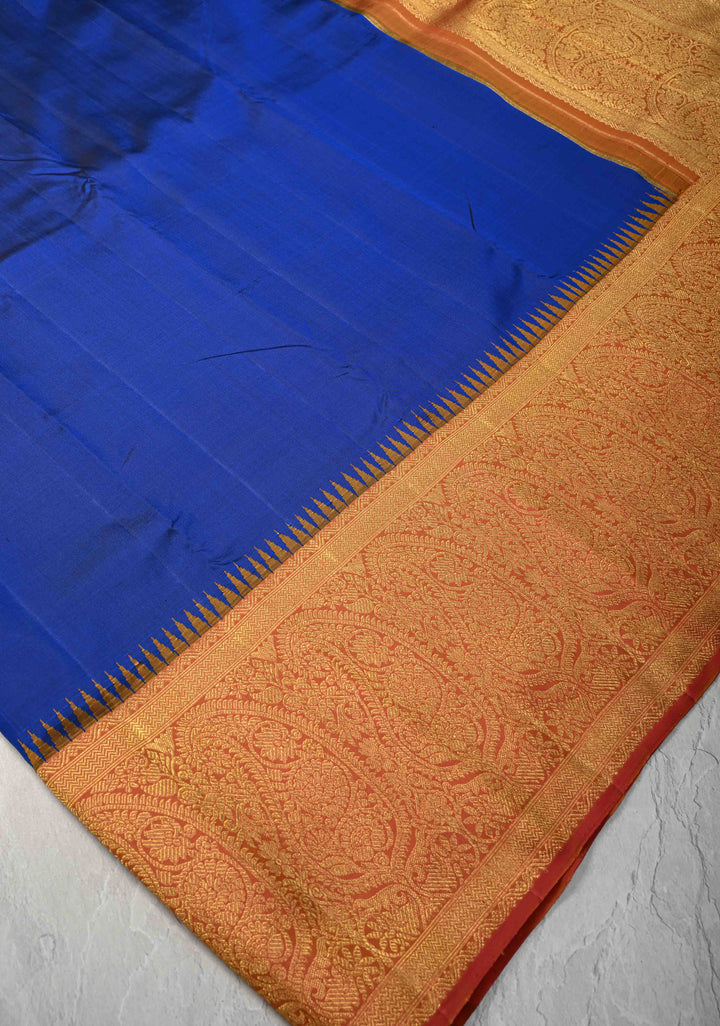 Pure Zari Korvai Deep Cobalt Blue Kanjivaram Silk Saree with Contrast Peach Paisleys Border | SILK MARK CERTIFIED
