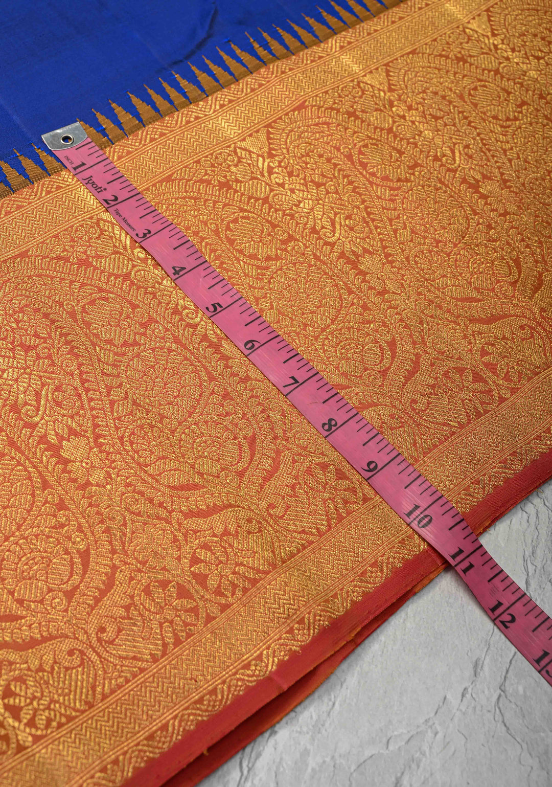 Pure Zari Korvai Deep Cobalt Blue Kanjivaram Silk Saree with Contrast Peach Paisleys Border | SILK MARK CERTIFIED