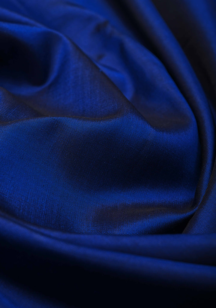 Pure Zari Korvai Deep Cobalt Blue Kanjivaram Silk Saree with Contrast Peach Paisleys Border | SILK MARK CERTIFIED