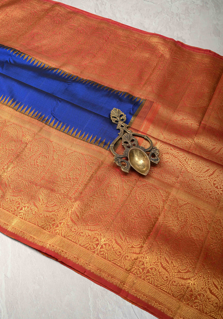 Pure Zari Korvai Deep Cobalt Blue Kanjivaram Silk Saree with Contrast Peach Paisleys Border | SILK MARK CERTIFIED