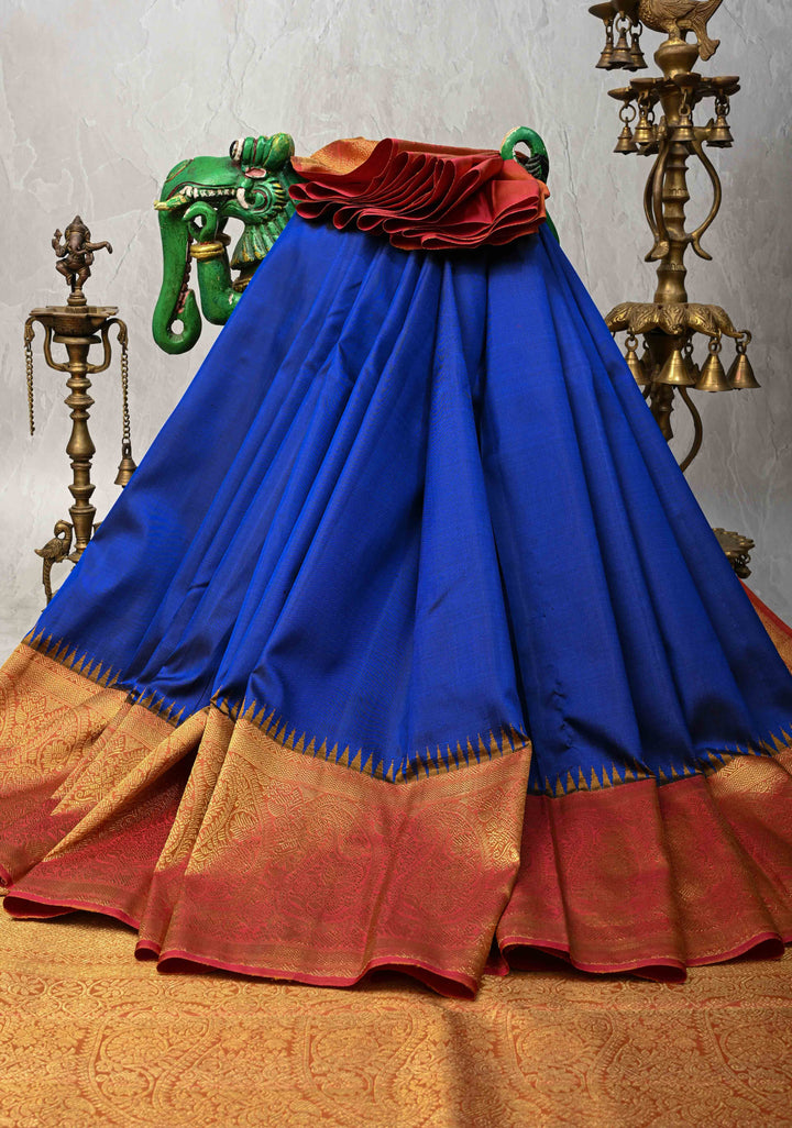 Pure Zari Korvai Deep Cobalt Blue Kanjivaram Silk Saree with Contrast Peach Paisleys Border | SILK MARK CERTIFIED