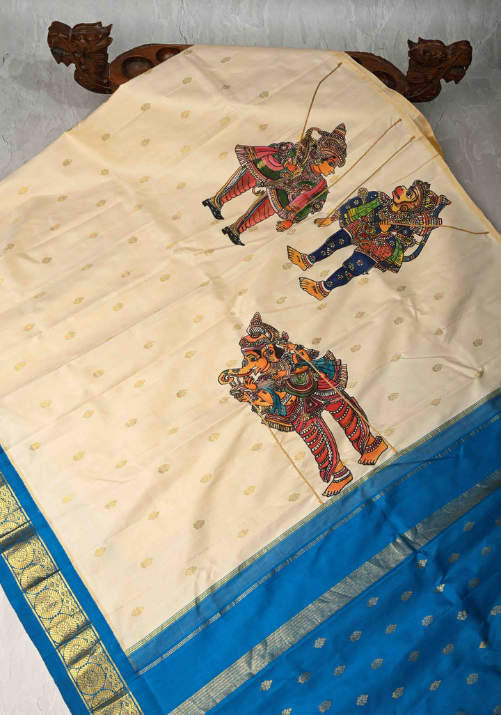 Off White Pen Kalamkari on Pure Kanjivaram Silk Saree with Zari Buttas and Zari Border | SILK MARK CERTIFIED