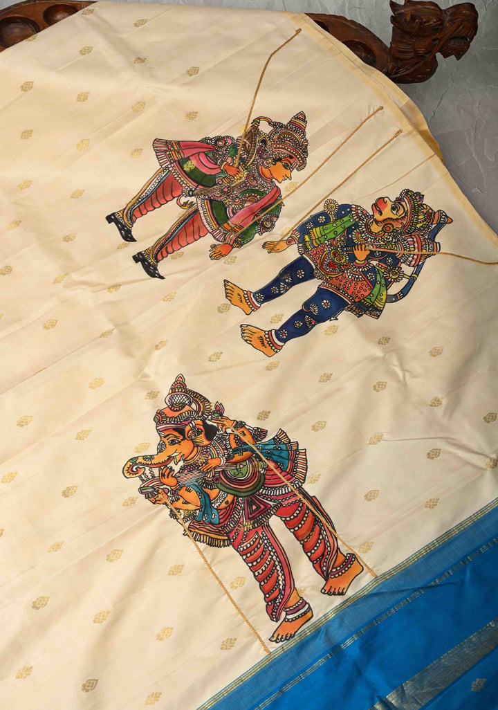 Off White Pen Kalamkari on Pure Kanjivaram Silk Saree with Zari Buttas and Zari Border | SILK MARK CERTIFIED