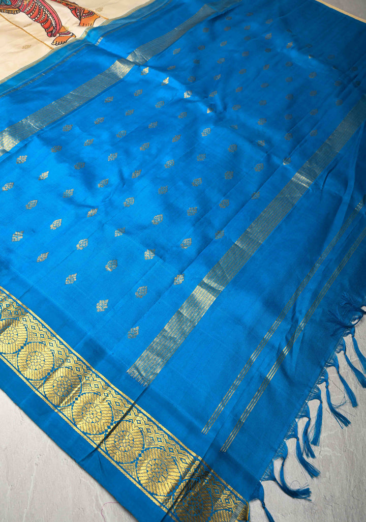 Off White Pen Kalamkari on Pure Kanjivaram Silk Saree with Zari Buttas and Zari Border | SILK MARK CERTIFIED