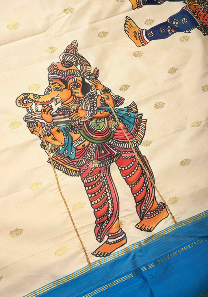 Off White Pen Kalamkari on Pure Kanjivaram Silk Saree with Zari Buttas and Zari Border | SILK MARK CERTIFIED