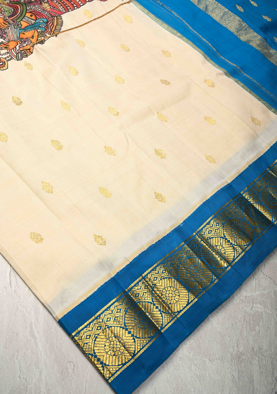 Off White Pen Kalamkari on Pure Kanjivaram Silk Saree with Zari Buttas and Zari Border | SILK MARK CERTIFIED