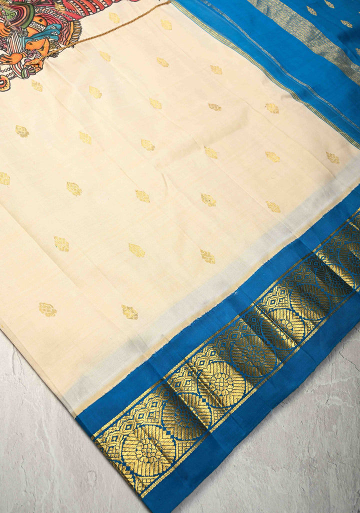 Off White Pen Kalamkari on Pure Kanjivaram Silk Saree with Zari Buttas and Zari Border | SILK MARK CERTIFIED