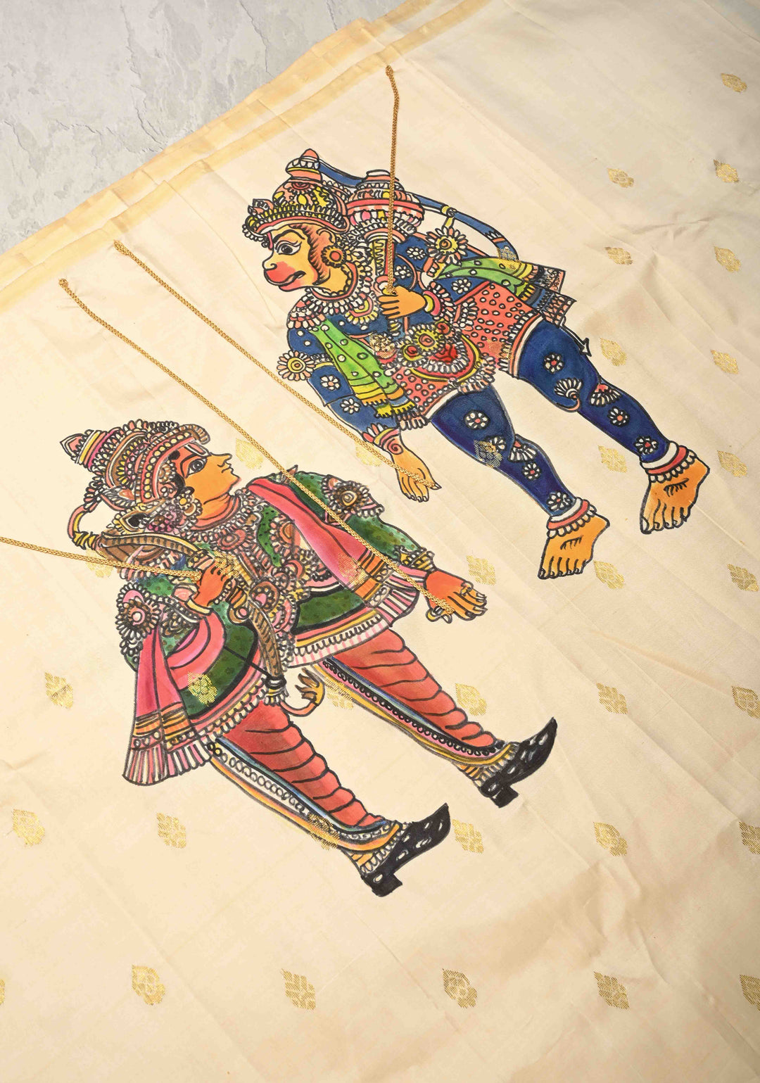 Off White Pen Kalamkari on Pure Kanjivaram Silk Saree with Zari Buttas and Zari Border | SILK MARK CERTIFIED