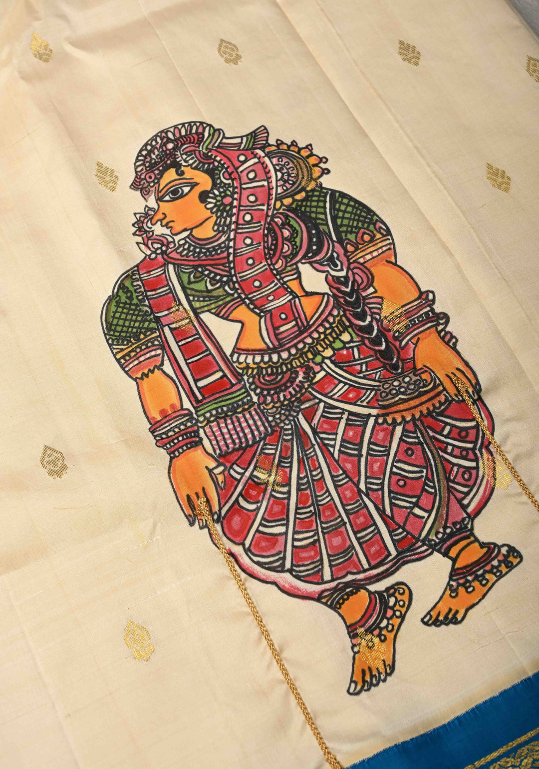 Off White Pen Kalamkari on Pure Kanjivaram Silk Saree with Zari Buttas and Zari Border | SILK MARK CERTIFIED