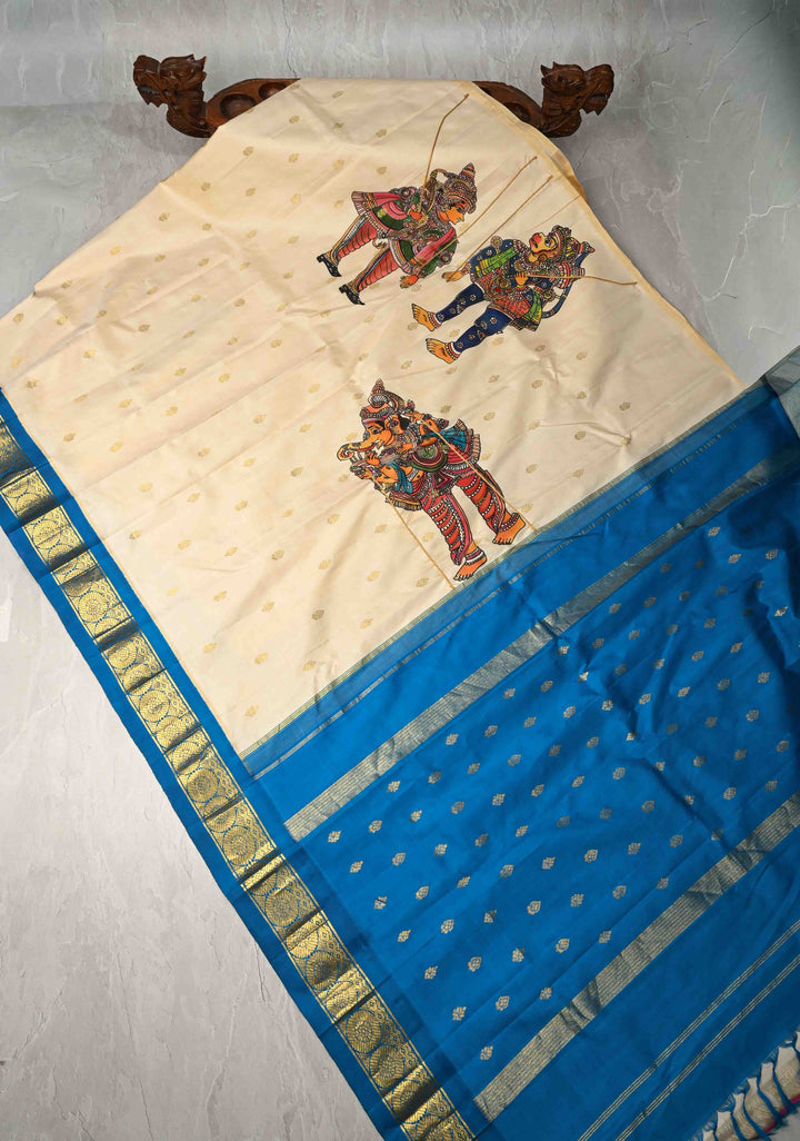 Off White Pen Kalamkari on Pure Kanjivaram Silk Saree with Zari Buttas and Zari Border | SILK MARK CERTIFIED