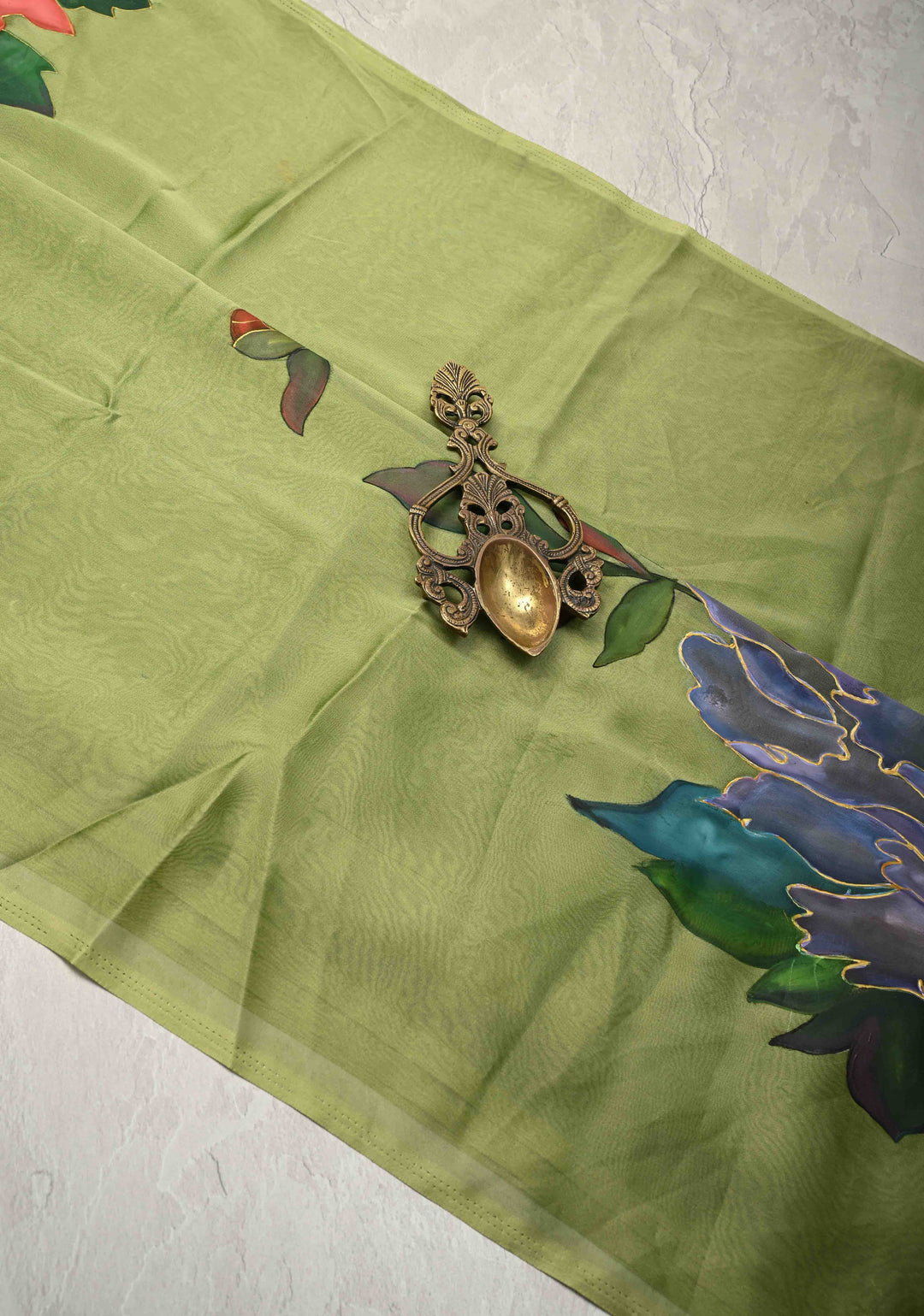 Light Olive Green Chiffon Saree with Florals Hand painted , No Blouse Piece