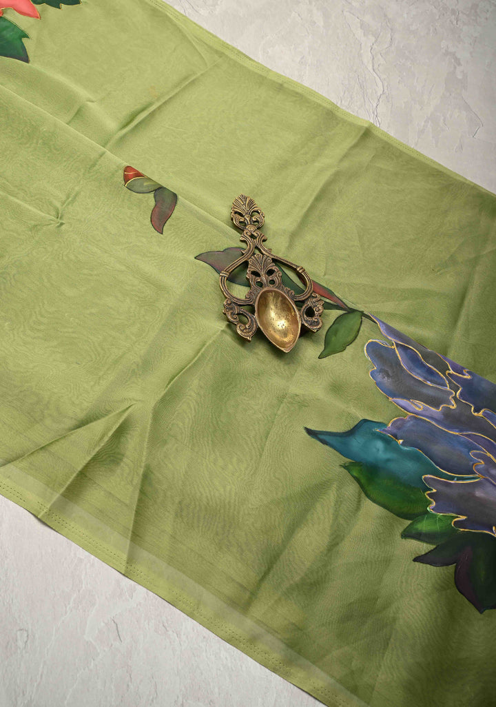 Light Olive Green Chiffon Saree with Florals Hand painted , No Blouse Piece